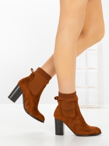 Botine dama cu toc gros maro deschis din material textil Cutira - Img 2