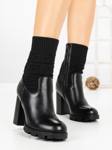 Botine dama cu toc gros negre din piele ecologica si material textil Brinren