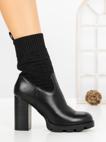 Botine dama cu toc gros negre din piele ecologica si material textil Brinren - Img 5