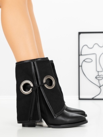 Botine dama cu toc gros negre din piele ecologica si material textil Baisra - Img 3