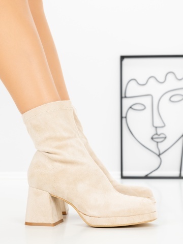 Botine dama cu toc gros si platforma bej din material textil Elawena - Img 3