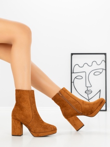 Botine dama cu toc gros si platforma maro deschis din material textil Epaerra - Img 6