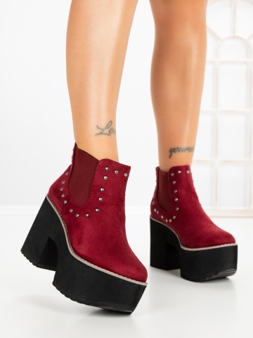 Botine dama cu toc gros si platforma visinii din material textil Fonira