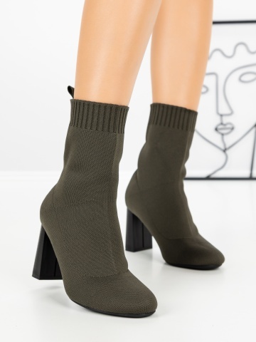 Botine dama cu toc gros verzi din material textil Eraesha