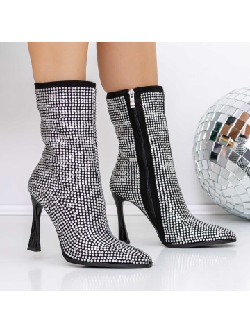 Botine dama cu toc negre din material textil Advora