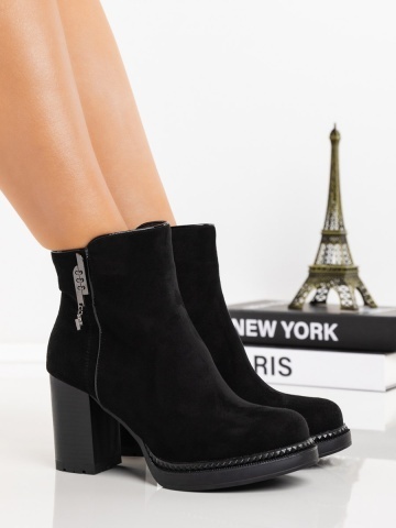 Botine dama cu toc negre din material textil Onaza