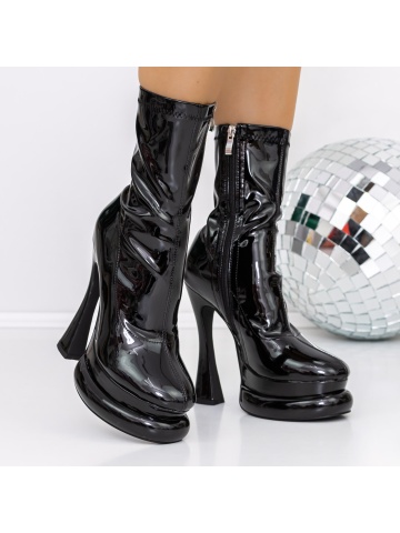 Botine dama cu toc negre din piele ecologica lacuita Nereda - Img 3