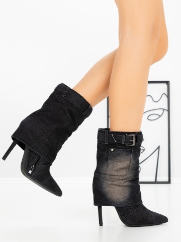 Botine dama cu toc subtire negre din material textil Enadena - Img 2