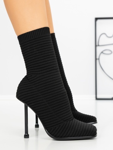 Botine dama cu toc subtire negre din material textil Evanria - Img 4
