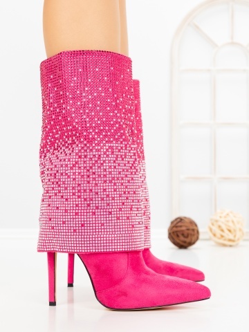 Botine dama cu toc subtire roz din material textil Enalrae - Img 3