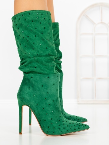 Botine dama cu toc subtire verzi din material textil Eladira - Img 3