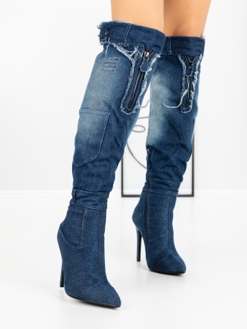 Cizme dama cu toc subtire albastre din material textil Amiyra