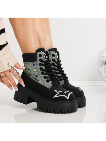 Ghete dama cu platforma negre din material textil si piele ecologica Aloira - Img 3