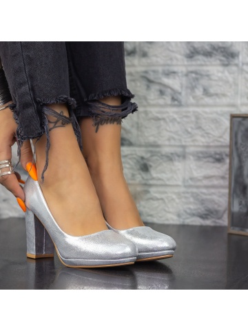 Pantofi cu toc gros argintii din material textil Cetren - Img 2