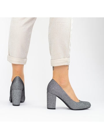 Pantofi cu toc gros gri metalizat din material textil si sclipici Darrys - Img 5
