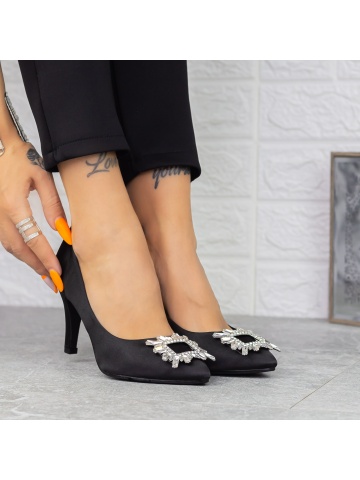 Pantofi cu toc subtire negri din material textil Cutina - Img 2