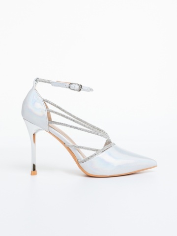 Pantofi dama cu toc argintii din material textil Mezmera - Img 4