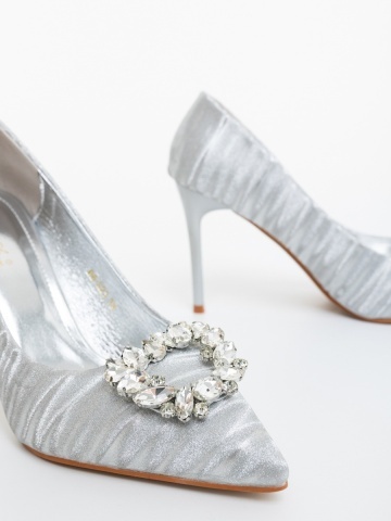 Pantofi dama cu toc argintii din material textil Severa - Img 5