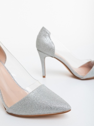 Pantofi dama cu toc argintii din material textil Veloria - Img 5