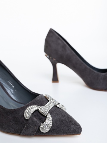 Pantofi dama cu toc gri din material textil Amandi - Img 5