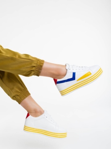 Pantofi sport dama albi cu galben din piele ecologica Gratiela