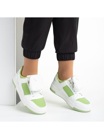Pantofi sport dama albi cu verde din piele ecologica Inola