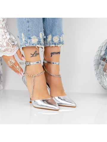 Pantofi stiletto argintii din piele ecologica lacuita Efbina - Img 2