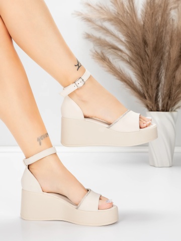Sandale dama cu platforma bej din piele ecologica Fazren - Img 2