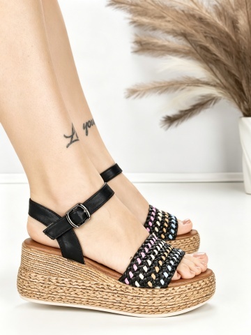Sandale dama cu platforma negre din piele ecologica si material textil Velenza - Img 3