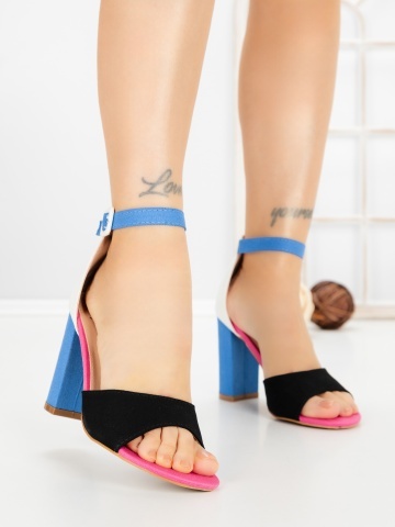 Sandale dama cu toc gros negre din material textil si piele ecologica Alorea