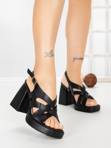 Sandale dama cu toc gros si platforma negre din piele ecologica Livenza