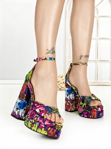 Sandale dama cu toc gros si platforma rosii cu galben din material textil Elisora