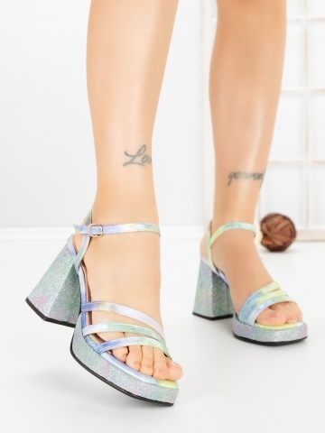 Sandale dama cu toc gros si platforma verzi din material textil Seralyn