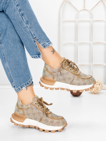 Sneakers dama bej inchis din material textil Darell - Img 4