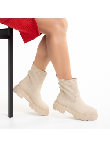 Botine dama bej din piele ecologica si material textil Chiara