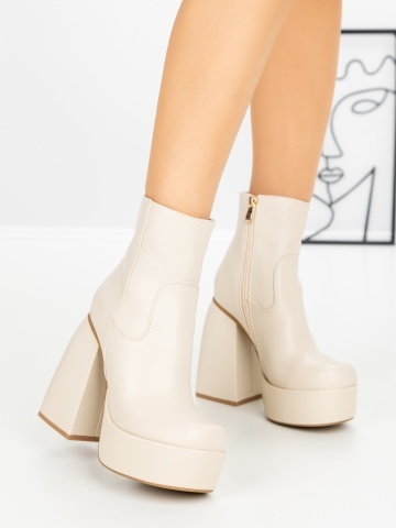 Botine dama cu toc gros si platforma bej din piele ecologica Eqanria