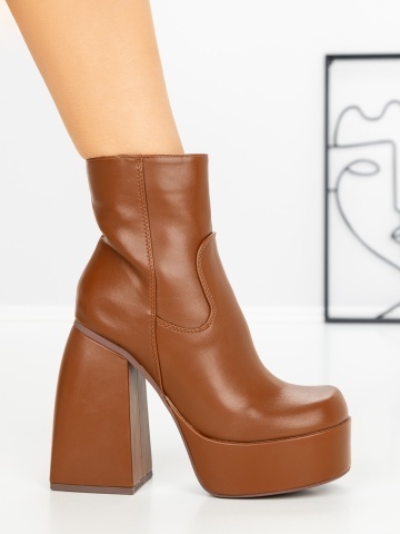 Botine dama cu toc gros si platforma maro din piele ecologica Eqanria - Img 5