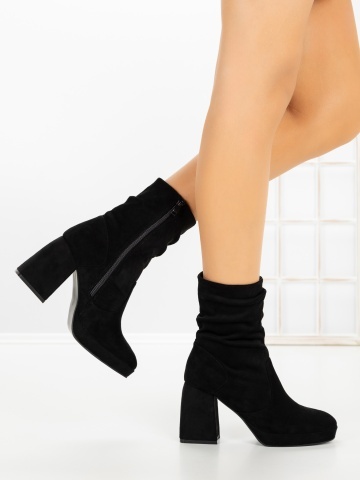 Botine dama cu toc gros si platforma negre din material textil Baisya - Img 2