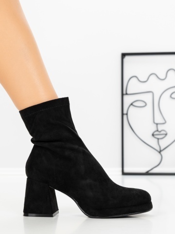 Botine dama cu toc gros si platforma negre din material textil Elawena - Img 5