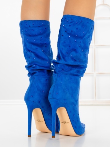 Botine dama cu toc subtire albastre din material textil Eladira - Img 2