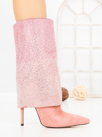 Botine dama cu toc subtire roz din material textil Enalrae - Img 5