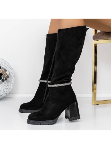 Cizme dama cu toc gros negre din material textil Fadila