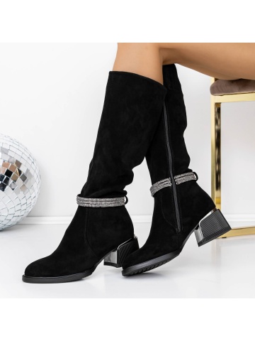 Cizme dama cu toc gros negre din material textil Fimrys - Img 2