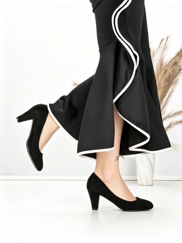 Pantofi cu toc gros negri din material textil Marena - Img 2