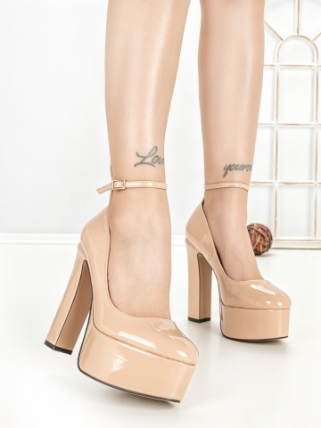 Pantofi cu toc gros si platforma bej din piele ecologica lacuita Sanaya