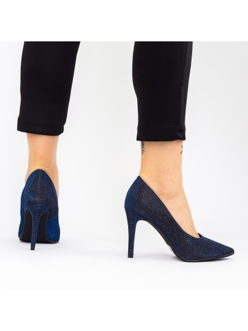 Pantofi cu toc subtire albastri din material textil si sclipici Fraelia - Img 5