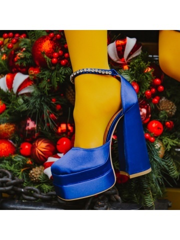 Pantofi dama albastri din material textil cu toc Amyra