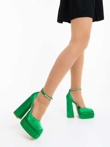 Pantofi dama cu toc verzi din material textil Arcania
