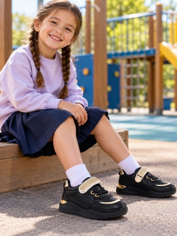 Pantofi sport copii negri din piele ecologica Dericka