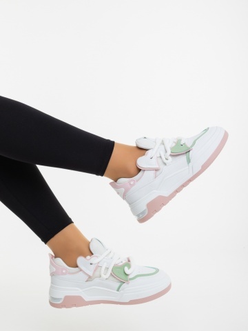 Pantofi sport dama albi cu roz din piele ecologica si material textil Lalona - Img 3